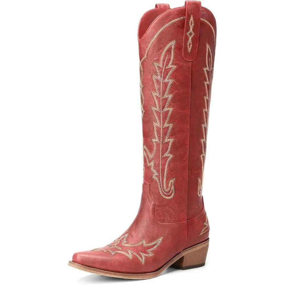 Women's Red Knee High Pointed Toe Chunky Heel Pull On Zipper Cowboy Boots